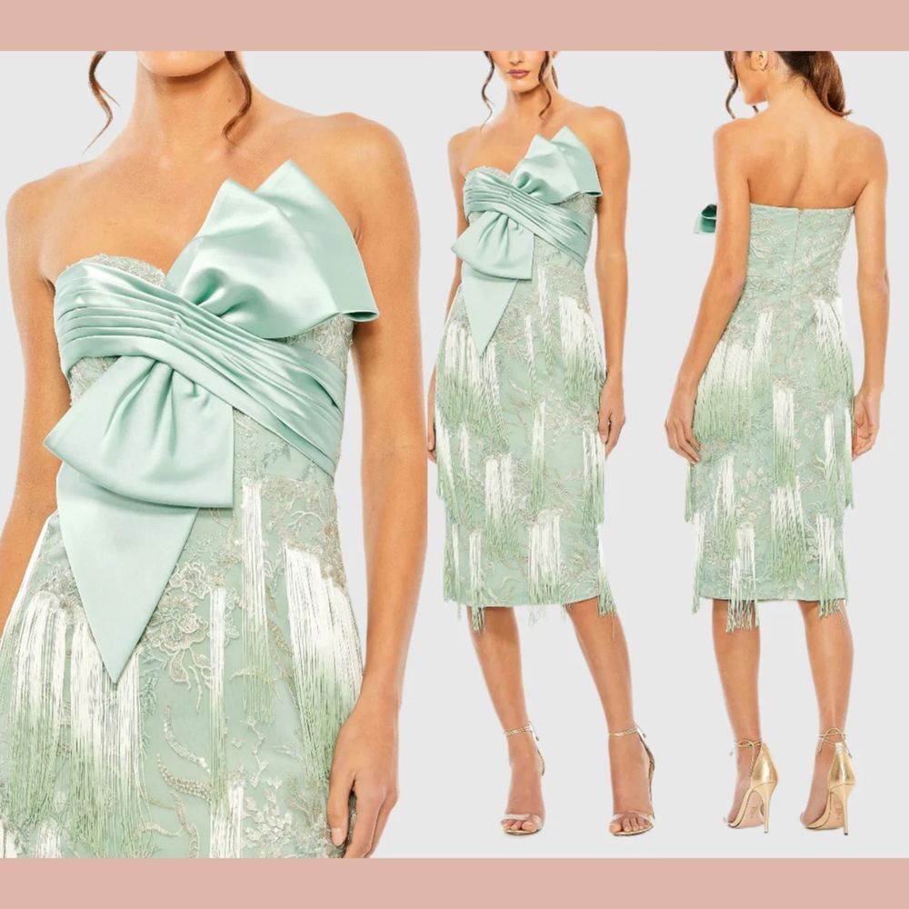 NWD MAC DUGGAL [ 6‎ ] 20593 Bow Front Ombre Fringe Detailed Dress Sage Green